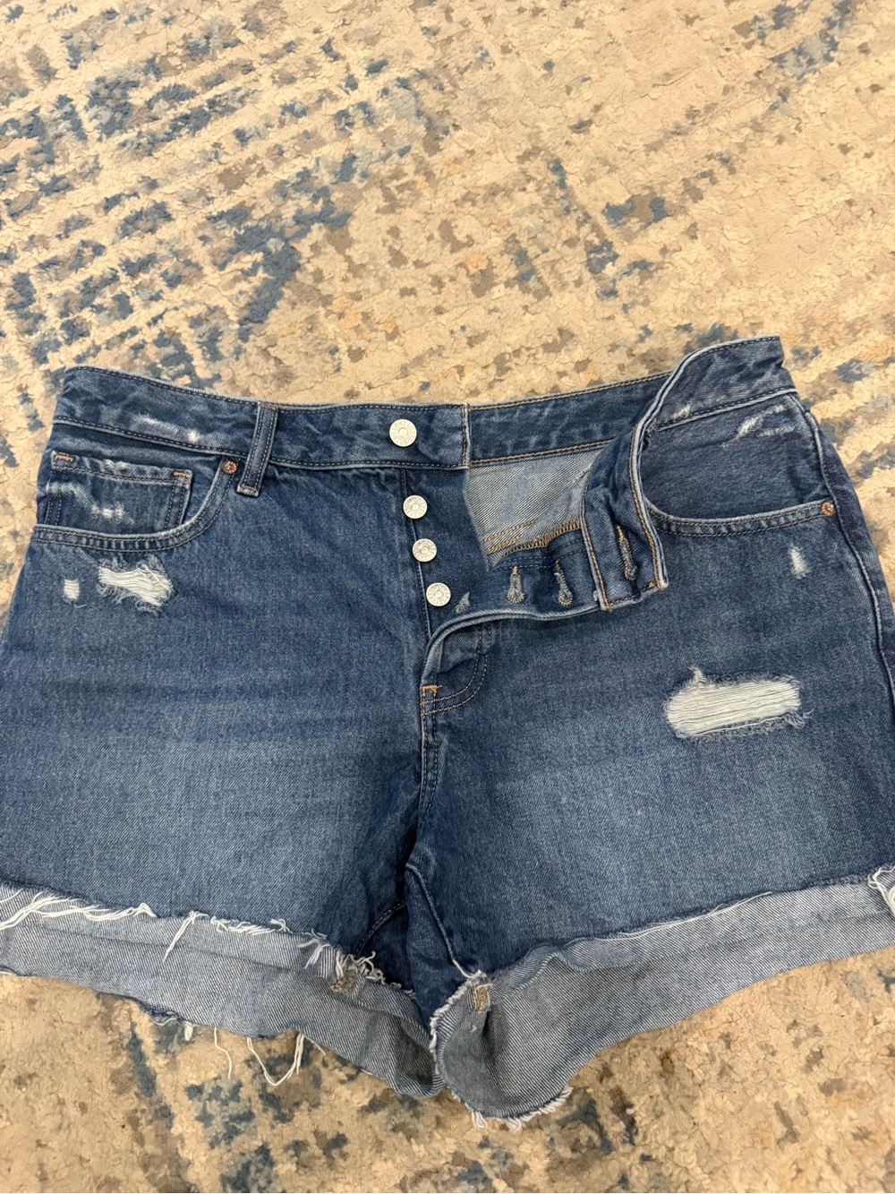 Express Distressed Dark Blue Jean Shorts with Button-Fly